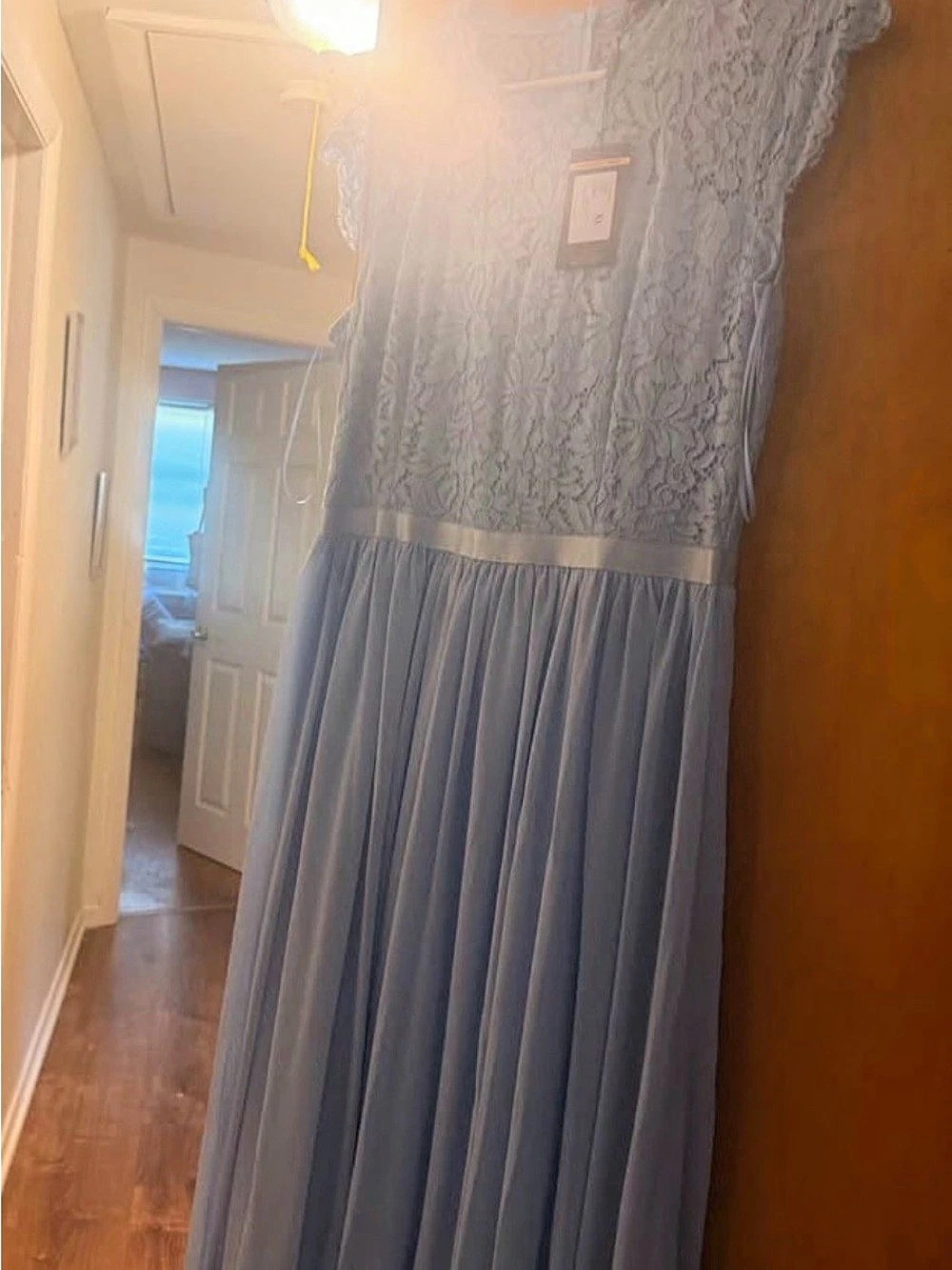 Miusol Floral Lace Bodice Ribbon Waist Pleated Maxi Dress Blue NWT